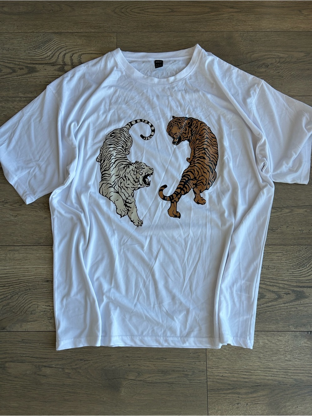SHEIN White T-Shirt with Dual Tiger Graphic